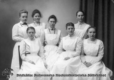 Sjuksköterskeelever år 1901 vid Lasarettet i Lund
Från vä: Cecilia Wanngren, ?, framför henne Anna Olsson, Warla Schnittger, Betty Lindberg, Maria Lundqvist, Karolina Olsson.
På bildens baksida står också: 1900 års elever: Anna Andersson, Maria Johansson, Betty Persson, Maria Rothmun, Ida Svensson. Uppräkningen för 1900 har bara fem namn, färre än antalet personer på bilden visar, och är nog därmed mindre trovärdig än 1901 års uppräkning.
Fotografi monterat på pappkartong. Foto Lina Jonn Lund 
Nyckelord: Kapsel 05;Sjuksköterska;Gruppfoto;Monterat;Cecilia;Wanngren;Anna;Olsson;Warla;Schnittger;Betty;Lindberg;Maria;Lundqvist;Karolina;Olsson;Jonn;Lina