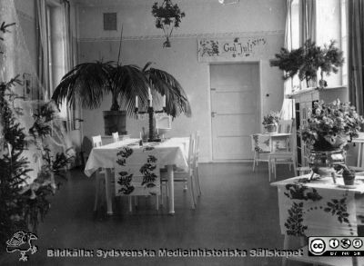 Dagrum på medicinska klinikens avd. D i jultid.
Kapsel 29. Påskrift: "Dagrum, Med. D". Julpyntning. Takbelysningen är elektrisk.
Rimligen från 1910-talet, möjligen från gamla lasarettet från 1850. Originalfoto. Monterat. Tekniskt som liknande bilder från 1900-talets första decennier.
Nyckelord: Kapsel 29;Lasarettet;Lund;Medicin