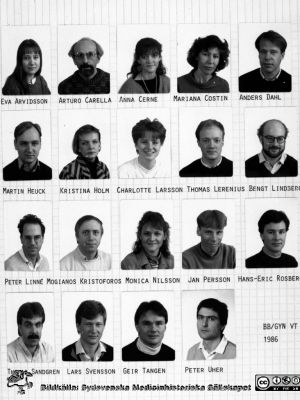  BB/GYN, vårterminen 1986. 
Album 1986 A. MAS Malmö Allmänna Sjukhus.Eva Arvidsson, Arturo Carella, Anna Cerne, Mariana Costin, Anders Dahl, Martin Heuck, Kristina Holm, Charlotte Larsson, Thomas Lerenius, Bengt Lindberg, Peter Linne, Mogianos Kristoforos, Monica Nilsson, Jan Persson, Hans-Eric Rosberg, Thomas Sandgren, Lars Svensson, Geir Tangen, Peter Uher.
Nyckelord: Album 1986A;Kursfoto;MAS;Malmö_