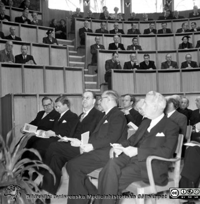 Nya aulans invigning, 5/4, 54
Pärm äldre neg. 1951-1958 MAS, från fotograf Björn Henrikssons samling. I stolar, från vänster: okänd, landshövding G. A. Widell, statsminister Tage Erlander, Harald Lindvall, prof. Jan Waldenström, prof. Sophus von Rosen (?), f. landshövdingen mm Arthur Thomson. På nedersta bemannade raden prof. Sölve Weiln som nr 3 från höger. I raden ovanför från vä i samma sektion troligen dr Oliver Axén och Bengt Willert. Från negativ
Nyckelord: Malmö;MAS;UMAS;Allmänna;Sjukhus;Invigning