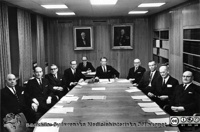 Lasarettsdirektionen år 1968. 
Påskrift: "Från vänster: lantbrukaren Bernhard Radby, ledamot i direktionen; landstingsmannen Karl Landgren, ledamot i direktionen; intendenten Bengt Lundquist, sekreterare i direktionen; lasarettsdirektören Arne Johansson; förste sjukhusassistenten Per-Börje Jönsson, bitr. sekreterare i direktionen; landshövdingen Gösta Netzén, ordförande i direktionen; landstingsmannen Nils A. Svensson, v. ordförande i direktionen; professorn Olle Olsson, chefsläkare och ledamot i direktionen; professorn Gunnar Wiberg, ledamot i direktionen; telearbetaren Oskar Levin, ledamot i direktionen. 
I bakgrunden porträtten av (till höger) kammarherren Carl Axel Trolle, direktionens ordförande åren 1849-79, under vilkens tid landstingen inträdde som huvudmän för länens kroppssjukvård, och av baronen Johan Christoffer Toll, ordförande åren 1880-87.
Hagblom-Foto, Lund."
Se också bildfil SMHS2600-000-01. Bilden är publicerad på sid 266 i Flaum (1968).
Nyckelord: Kapsel 03 Regionarkivet