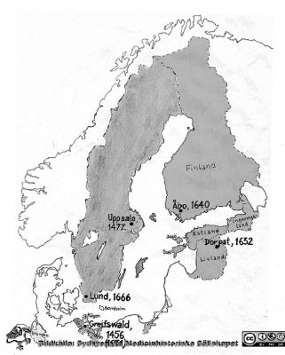 Karta med svenska universitet under stormaktstiden
Bildkälla Håkan Westling
Nyckelord: Universitet;Svenska;Stormaktstiden;1700-talet