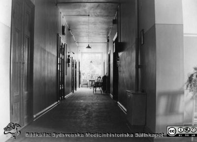 Korridor på ögonkliniken i Lund i mitten på 1920-talet.
 Från ett album gjort till professor Gustaf Ahlström inför hans pensionering 1927.
Nyckelord: Ögon;Klinik;Lasarettet i Lund;Medicinska fakulteten;Korridor