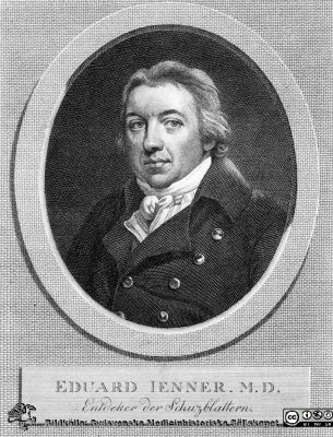 Eduard Jenner, vaccinationens skapare. 
Ur Werner Schreiber: Infectio. Infectious Diseases in the History of Medicine. Editiones "Roche" 1987. Hoffman-La-Roche, Basel. Sid 119.
Nyckelord: Smittkoppor;Variola;Vaccination