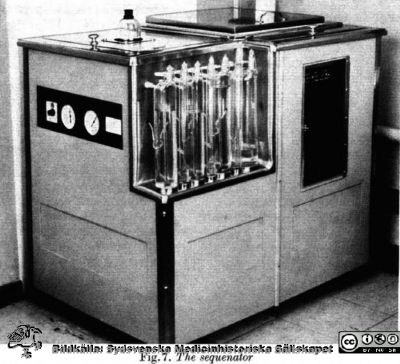 Edman-sekvenatorn. 
Edmans apparat för sekvenering av oligopeptider. Den klarar en oligopeptid med en kedja av till 60 aminosyror. Från Edman och Bregg: A Protein Sequenator. European J. Biochem. 1. (1967): 80 - 91.
Nyckelord: Sekvenator;Oligopeptider;Analysmaskin