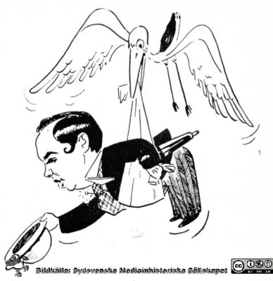 Karikatyr av professorn i obstetrik och gynekologi, Alf Sjövall
Karikatyr av professorAlf Sjövall n i "Medicinare i lundamiljö" (1969) tillägnad Medicinska Föreningen i Lund vid dess 75-årsjubileum 1969. Okänd konstnär
Nyckelord: Karikatyr;Lund;Medicinska;Föreningen