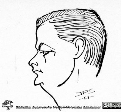 Karikatyr av docent Sven Carlström 
Karikatyr av docent Sven Carlström (senare invärtesmedicinare i Lund) i "Medicinare i lundamiljö" (1969) tillägnad Medicinska Föreningen i Lund vid dess 75-årsjubileum 1969. Signaturen JPS ritade.
