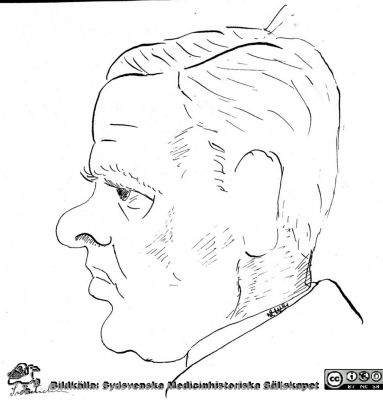Karikatyr av okänd man Swaetichin 
Karikatyr av okänd man Swaetichin i ett album med ett tjog mycket drivet gjorda karikatyrer av den anonyme signaturen W (Wide?).  Möjligen rör det sig om finsk-svenske-venezolanske neurobiologen Gunnar Svaetichin (1915-1981). Mer sannolikt visar det sig 2025 vara Toivo Swaetichin (1904 - 1992), senare Stenstam, klinisk kemist och överläkare i Borås. Han tjänstgjorde bl. a. en tid på medicinkliniken i Lund. 
Några av karikatyrerna i detta album är namnsatta. Det har 2017 överlämnats till Medicinhistoriska Sällskapet i Lund av professorn i kirurgi i Lund, Christian Ingvar, sonson till Sven Ingvar. Det är upphittat i familjen Ingvars gömmor.
Nyckelord: Lasarett;Lund;Institutionen;Undervisning;Universitetssjukhus;Karikatyrer