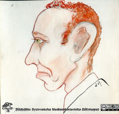 Karikatyr av okänd man Krook 
Karikatyr av okänd man Krook i ett album märkt "Fortsättningstjänstgöringar 1/12 1928 - 30/4 1929" med ett tjog mycket drivet gjorda karikatyrer av den anonyme signaturen W (Wide?). Flera av karikatyrerna i detta album är namnsatta. Det har 2017 överlämnats till Medicinhistoriska Sällskapet i Lund av professorn i kirurgi i Lund, Christian Ingvar, sonson till Sven Ingvar. Det är upphittat i familjen Ingvars gömmor.
Nyckelord: Lasarett;Lund;Universitetssjukhus;Undervisning;Karikatyrer