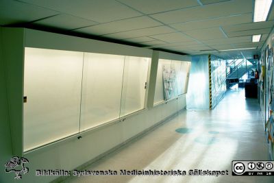 Utställningsmontrar på väggen vid en korridor in till entréhallen på centralblocket i Lund 2009. 
Utställningsmontrar på väggen vid en korridor in till entréhallen på centralblocket i Lund 2009. Utnyttjas mest för utställningar av konstföreningen på USIL, men 2009 också tänkta kunna utnyttjas som medicinhistoriska montrar, vilket de ej blev.
Nyckelord: Utställning;Montrar;USiL;Universitetssjukhuset;Lund;Centralblocket;Entréhallen