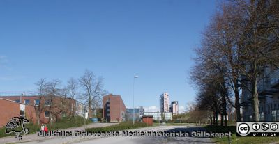 Ole Römers väg i Lund en vårdag 2020. 
Till vänster Lunds Tekniska Högskola (LTH). Till höger knoppande fruktträd vid de obeboeliga tillfälliga gästforskarbostäderna som revs nästa år. I  fonden höghuset vid Idéon Gateway. Foto Berndt Ehinger
Nyckelord: Lunds Tekniska Högskola;Lunds universitet;Kontorshus;Ekonomicentrum;Knoppningstid;Vårsol.