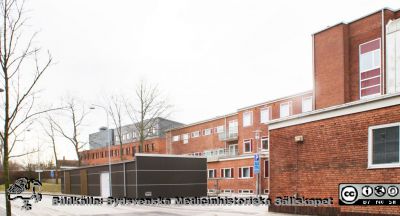 Universitetssjukhuset SUS Lund, mars 2012. 
Vy österut längs Klinikgatan vid ögonkliniken A och akutmottagningen.Den mörka lådliknande baracken är för distribution av medicinska gaser. Zoofysiologiska institutionen i bakgrunden.
Nyckelord: Ögonklinik;Akutmottagning;Centralblocket;Lund;Universitetssjukhuset;USiL;Zoofysiologisk