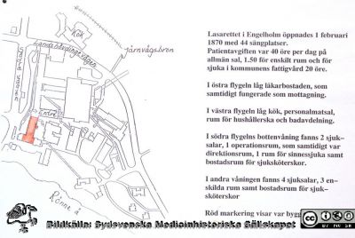 Karta över det 1870 nybyggda lasarettet i Ängelholm 
Karta över det 1870 nybyggda lasarettet i Ängelholm. Efter en utställningsskärm på Lasarettet i Ängelholm, gjord av Viveca Berglund och Lillie Börjesson i slutet på 1900-talet. Reprofoto av Berndt Ehinger 2017-05-31
Nyckelord: Lasarett;Engelholm;Ängelholm;Karta