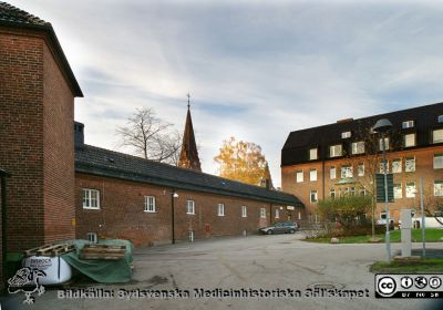 Universitetssjukhuset i Lund. Till vänster och i fonden den ovanjordiska förbindelsegången mellan södra och norra lasarettsområdet, byggd 1918 (byggnad 24).
Till vänster och i fonden den ovanjordiska förbindelsegången mellan södra och norra lasarettsområdet, byggd 1918 (byggnad 24). Nu finns Livets Museum i den sedan 2012.  Foto mot väster. Gamla kvinnokliniken (nu Rehabhuset) till höger. Allhelgonakyrkans torn i bakgrunden. Foto B. Ehinger.
Nyckelord: Kulvert;Ovanjordisk;Förbindelsegång;Lasarett;Lund;USiL;Kvinnoklinik;Gynekologisk;KK