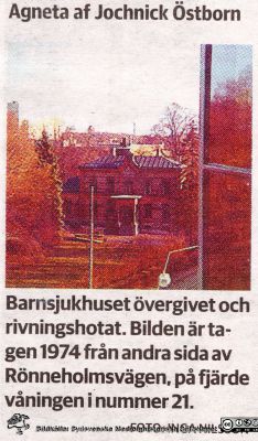 Tidningsartikell om det första barnsjukhuset i Malmö
Villan med det första barnsjukhuset i Malmö- övergivet och rivningshotat. Foto 1974 av Inga Nilsson.Bildkälla Torsten Landberg.
Nyckelord: Malmö;Barnsjukhus