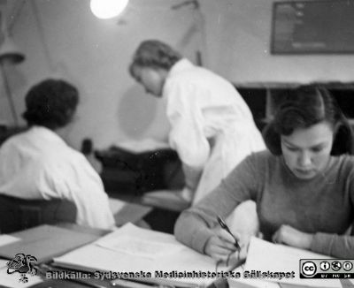 Sekreterare i arbete på radiologiska kliniken i Lund
Institutionssekreterare Gun Björk närmast kameran. Foto troligen på 1950-talet. Från Syster Elinas fotoalbum (Elina Holmberg?).
Nyckelord: Radiologisk;Onkologisk;Jubileumsklinik;Lasarettet i Lund;Kansli;Journalarkiv