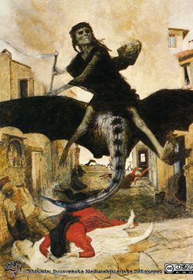 Allegori om pesten 
Infektionssjukdomar. Vykort. På baksidan står det: Nr. 4590. ARNOLD BÖCKLIN (1827-1901) Die Pest-La peste-The Plague. 1898. (Kunstmuseum Basel, Depositum der Eidg. Gottfried Keller-Stiftung). Verlag Kunstmuseum Basel - Vertrieb F. Reiter Kunstverlag, Ebmatingen. Printed in Switzerland - S78/2.

Nyckelord: Pesten;Infektionssjukdomar;1800-talet;Kapsel 09;Vykort;Tryck;Pest