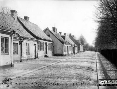 Norra Vallgatan i Lund före 1918, vy mot öster
Omärkt bild. Originalfoto, monterat
Med hög sannolikhet Norra Vallgatan i Lund innan fastigheterna på gatans norra sida (till vänster i bild) inkorporerades i södra lasarettsområdet och revs för att ge plats för 1918 års röntgeninstitut, kirurgisk poliklinik, 1929 års köksbyggnad mm. Vy österut. Norra gaveln på Thomanderska studenthemmet anas i gatans högerkant vid dess slut. Rakt fram fortsätter gatan in i nuvarande Biskopsgatan (år 2016).
Nyckelord: Kapsel 17;Lund;Lasarett;Lasarettet;Södra;Söder;Område