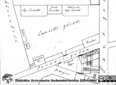 Planritning av Paradislyckan med angränsande kvarter c:a 1850
Planritning av Paradislyckan med angränsande kvarter utvisande läget för gamla och nya lasarettet, den projekterade östra flygeln, barnbördshuset med avträde, kurhuset samt envåningslängorna på båda sidor om porten. Nedanför Paradisgatan ser man en del av botaniska trädgården med orangeri och drivhus. - Ritning av H.J. Kull omkring 1850. Lunds universitetsbibliotek. Publicerad i Flaum 1968, sid. 131. Reprofoto, monterat.
Nyckelord: Kapsel 17;Karta;Akademi;Universitetssjukhuset,USiL