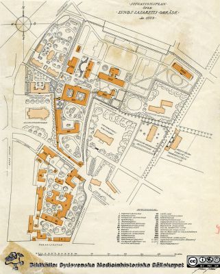 Lasarettsplanen år 1929. 
Lasarettsplanen efter det öronkliniken, ortopediska kliniken och psykiatriska kliniken tillkommit år 1929. Epidemisjukhuset och Sköterskehemmet är också byggda. Publicerad på sid 225 i A. Flaum: "Lasarettet i Lund 1768 - 1968", Lund 1968.
Nyckelord: Lasarettet;Lund;Universitetssjukhuset;USiL;Kapsel 01;Karta;Situationsplan