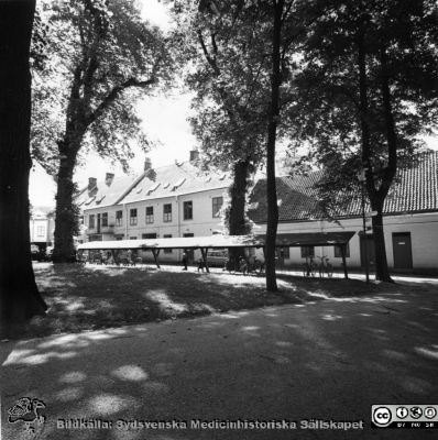 Hudklinikens norra fasad nära år 1970
Ur yrkesdermatologen Sigfrid Fregerts bildsamling från hud- och könskliniken i Lund och från yrkesdermatologiska avdelningen i Lund. Hudklinikens norra fasad nära år 1970. Längst till vänster Gamla Kurhuset, hitom det Nya Kurhuset ("Cura Posterior") och en envånings ekonomibyggnad. Från originalfoto.
Nyckelord: Lasarettet;Lund;Universitetssjukhuset;USiL;Hud- och könsklinik;Hud;Klinik;Dermatologisk;Venerologisk;Yrkesdermatologisk;Avdelning