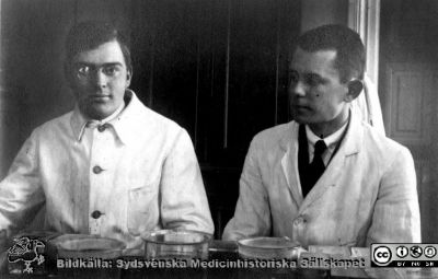 Fotoalbum tillägnat Professor Torsten Hellman Från Tacksamma Lärjungar 3.4.1924. 
Fotoalbum tillägnat Professor Torsten Hellman Från Tacksamma Lärjungar 3.4.1924. 
Bildtext: "Einar Gustafsson, Gayler White". 
De sitter vid en laboratoriebänk med glaskärl som om de håller på med att producera mikroskopiska preparat.
Nyckelord: Histologiska avdelningen;Anatomiska Institutionen;Kurslaboration;Medicinska fakulteten i Lund;Locus Medicus Lundensis;Universitet