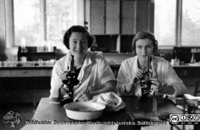 Fotoalbum  tillägnat Professor Torsten Hellman av lärjungarna 1935. Bildtext saknas. Två unga kvinnor vid mikroskop i kurslaboratoriet. De är medicine studerande på avdelningen för histologi på anatomiska institutionen i Lund. 
Bildkälla stiftelsen Locus Medicus Lundensis och Sydsvenska Medicinhistoriska Sällskapet / SMHS. Fotograf okänd.
Nyckelord: Histologiska avdelningen;Anatomiska Institutionen;Sydsvenska Medicinhistoriska Sällskapet;Medicinska fakulteten i Lund;Locus Medicus Lundensis;Medicine studerande;Lunds universitet
