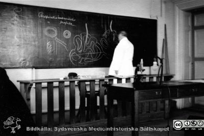Fotoalbum  tillägnat Professor Torsten Hellman av lärjungarna 1935. Bildtext saknas. Professor Hellman föreläserom allmän ämnesomsättning, tycks det, för medicine studerande på avdelningen för histologi på anatomiska institutionen i Lund. 
Bildkälla stiftelsen Locus Medicus Lundensis och Sydsvenska Medicinhistoriska Sällskapet / SMHS. Fotograf okänd.
Nyckelord: Histologiska avdelningen;Anatomiska Institutionen;Sydsvenska Medicinhistoriska Sällskapet;Medicinska fakulteten i Lund;Locus Medicus Lundensis;Medicine studerande;Lunds universitet