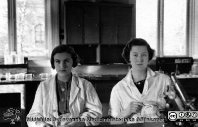 Fotoalbum  tillägnat Professor Torsten Hellman av lärjungarna 1935. Bildtext saknas. Två unga kvinnor i kurslaboratoriet. Jfr imgLA2250318ff597. Kvinnorna är medicine studerande på avdelningen för histologi på anatomiska institutionen i Lund. 
Bildkälla stiftelsen Locus Medicus Lundensis och Sydsvenska Medicinhistoriska Sällskapet / SMHS. Fotograf okänd.
Nyckelord: Histologiska avdelningen;Anatomiska Institutionen;Sydsvenska Medicinhistoriska Sällskapet;Medicinska fakulteten i Lund;Locus Medicus Lundensis;Medicine studerande;Lunds universitet