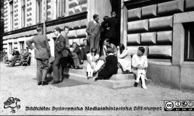 Fotoalbum tillägnat Professor Torsten Hellman med tacksamhet och vördnad från histologkursen 1929. Bildtext saknas. En grupp kurselever tillsammans vid entrén till anatomiska institutionen. Fem av dem är kvinnor. Tretton är män. Kursen var troligen större än så. Alla är okända.
Nyckelord: Anatomiska Institutionen;Histologiska avdelningen;Medicinska fakulteten i Lund;Locus Medicus Lundensis;Lunds universitet